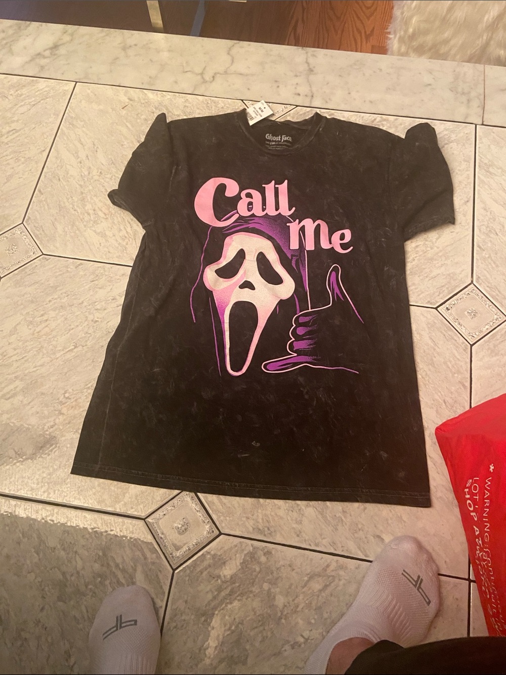 Black Graphic Tee with Pink 'Call Me' Scream Design